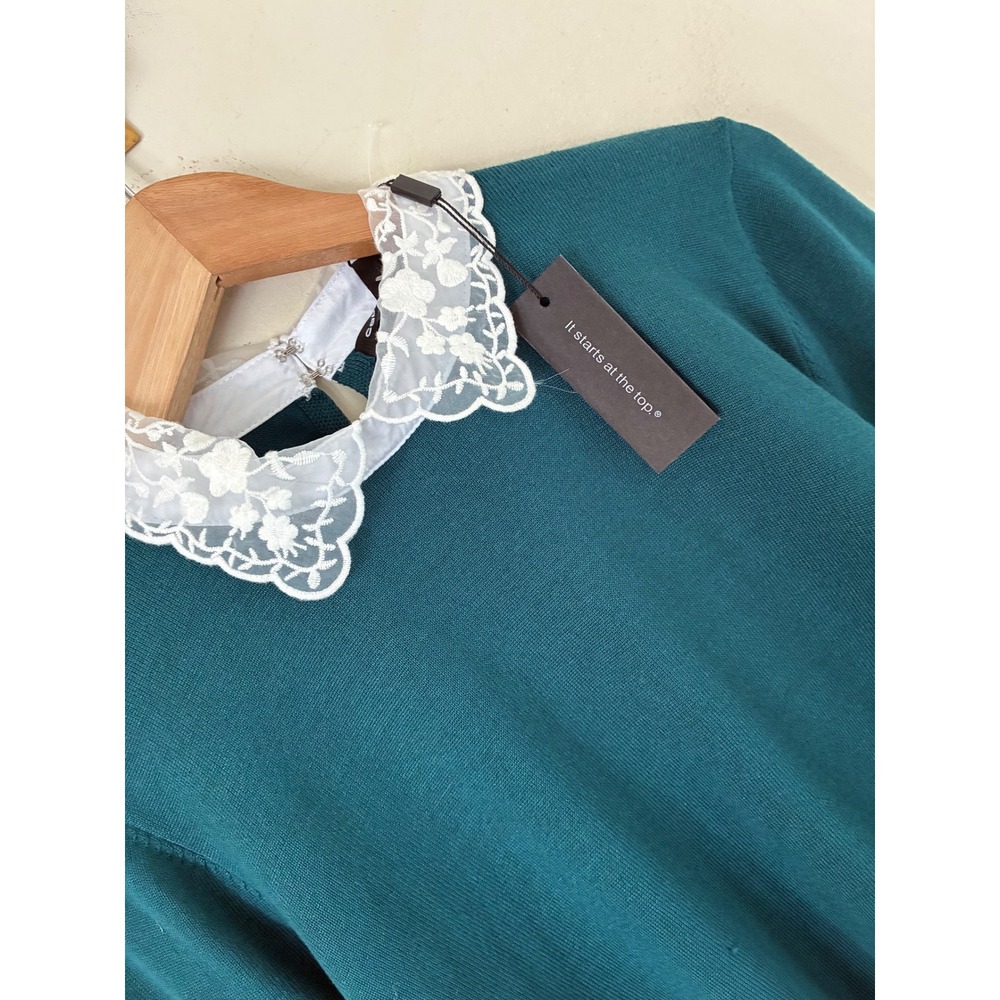 Cable & Gauge Teal Green Lace Collar Sweater NWT L Floral Peter Pan Knit Casual - Picture 2 of 9